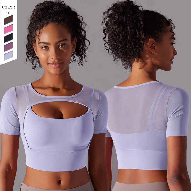 2024 New Solid Color Patchwork Mesh Double-Layer Short Sleeved Suspender Gathered Bra Running Fitness Yoga Suit Top for Women