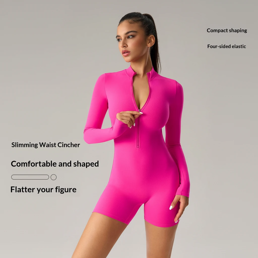 Long Sleeve Half Zip Yoga Jumpsuit With Removable Pads Non See Through Full Body Shaper Unitard Catsuit yoga Wear Sportswear