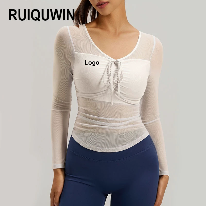 RUIQUWIN Hot Sale Women's Mesh Drawstring Yoga Top High-Elastic Slimming Quick-Dry Breathable Long Sleeve Gym Sports T-Shirt
