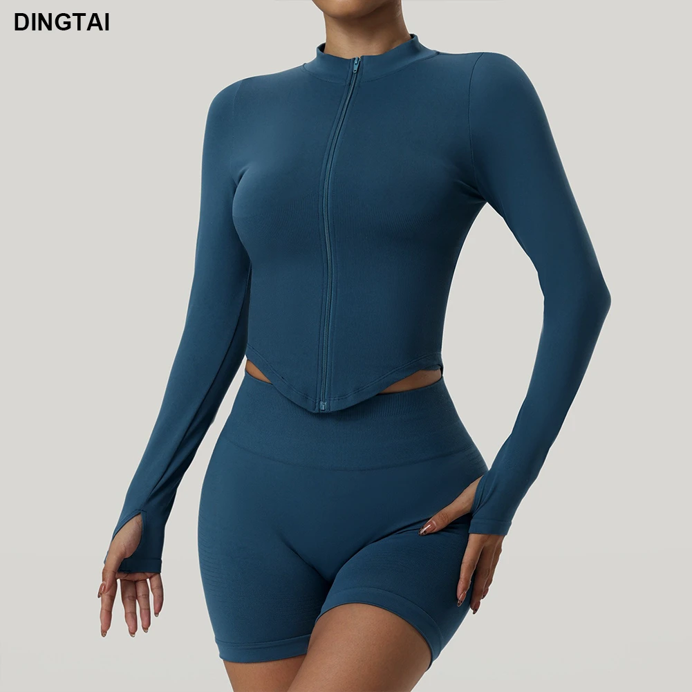 Custom Women's Seamless Fitness Sports Top Long Sleeves Zipper Standing Collar Breathable Yoga Jackets in Spandex Plus Size