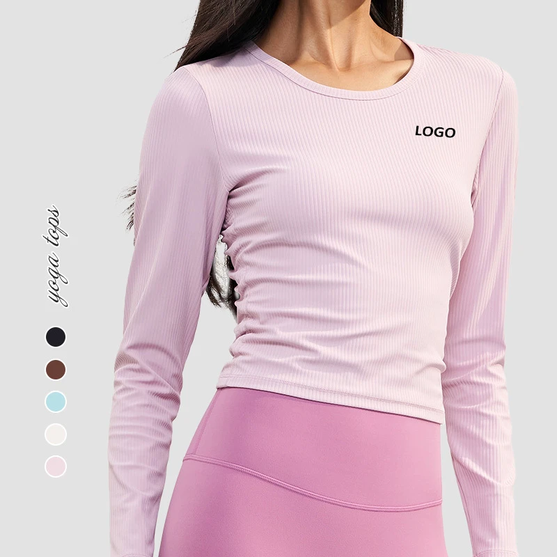 CX1586 Ribbed Double Side Scrunch Nude Round Neck Yoga Wear Slim Waist Short Sports Long Sleeve High Elastic Top