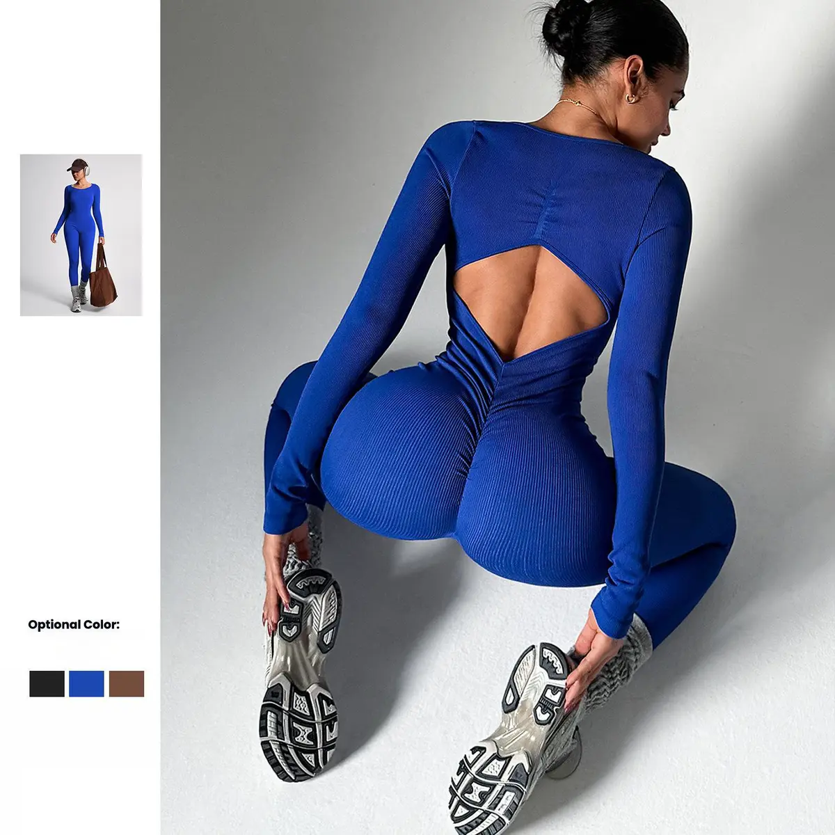 Wholesale Fitness Threaded Long-sleeved One-piece Yoga Suit Butt Lift Leggings Womens Bodysuit Gym Sets Spandex/Nylon