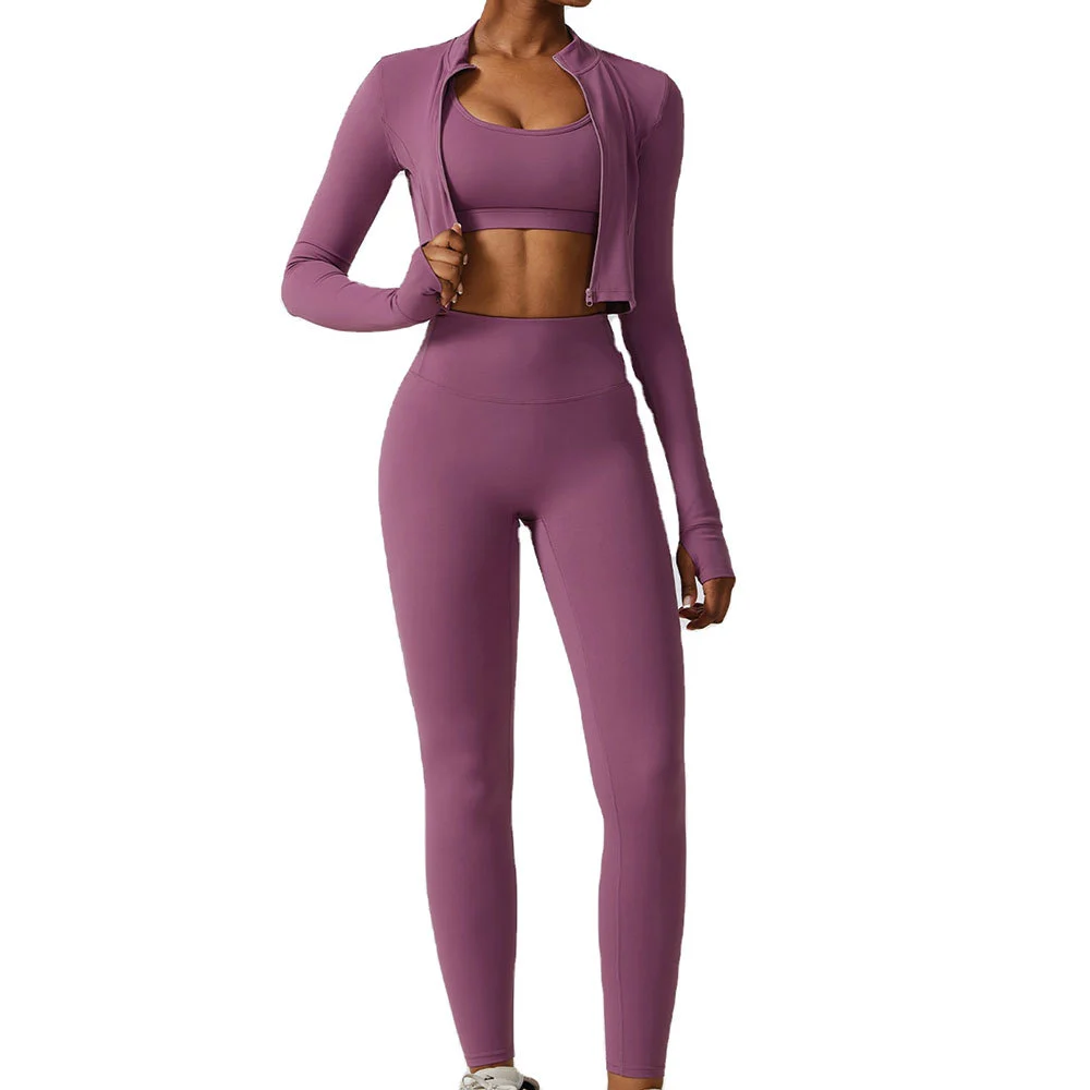 Wholesale Sportswear 3 Pcs High Quality Breathable Gym Fitness Set Women Stylish Yoga Front Long Sleeves Active Sport Bra