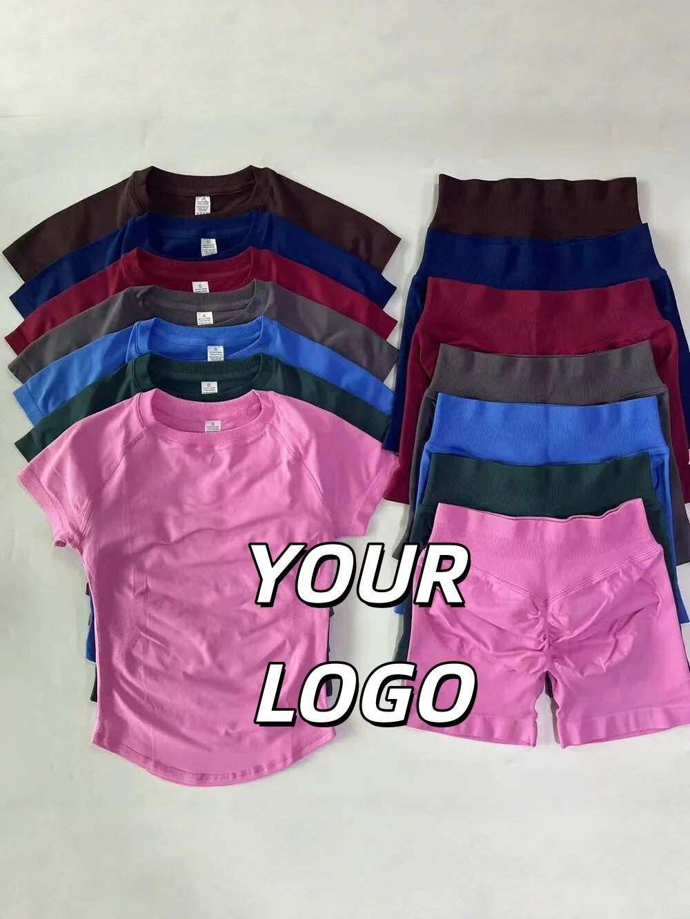 Custom Wholesale Seamless Knitted Short Sleeve Shirts Sweat Wicking Super Elastic Slimming Fitness Yoga Active Tops and Shorts