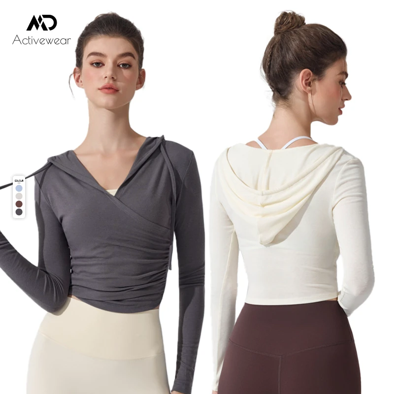 Fashion Women's Hooded Yoga Wear Long-sleeved Waist-cinching Slimming Running Sports Smock Breathable Pilates Fitness Top