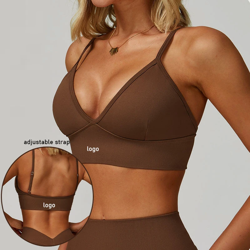 Seamless Deep V Neck Slim Fit Breathable Athletic Female Workout Gym Yoga Fitness Activeswear Running Bra