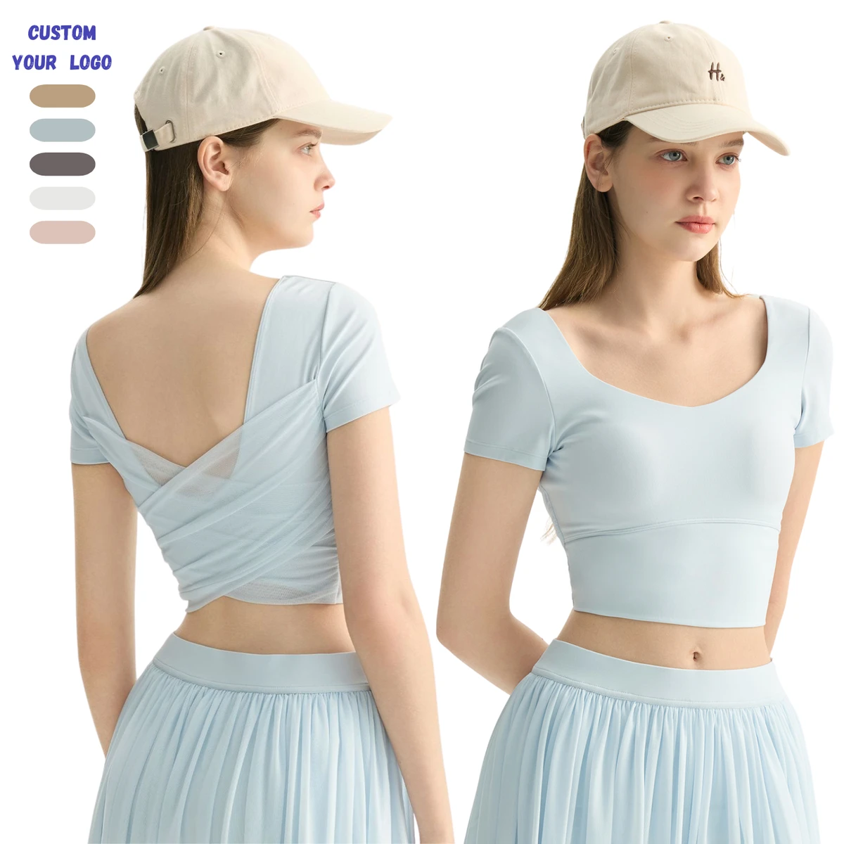 Women Yoga Top with Built in Bra Padded Short Sleeve T Shirt Mesh Back Workout Shirt Slim Fit Pilates Running Gym Activewear