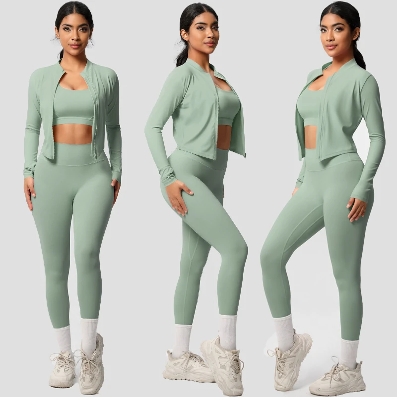 Quick-Drying Casual Sports Yoga Suit Breathable Three-Piece Outdoor Sportswear with Elastic Waist Closure Front Logo Position