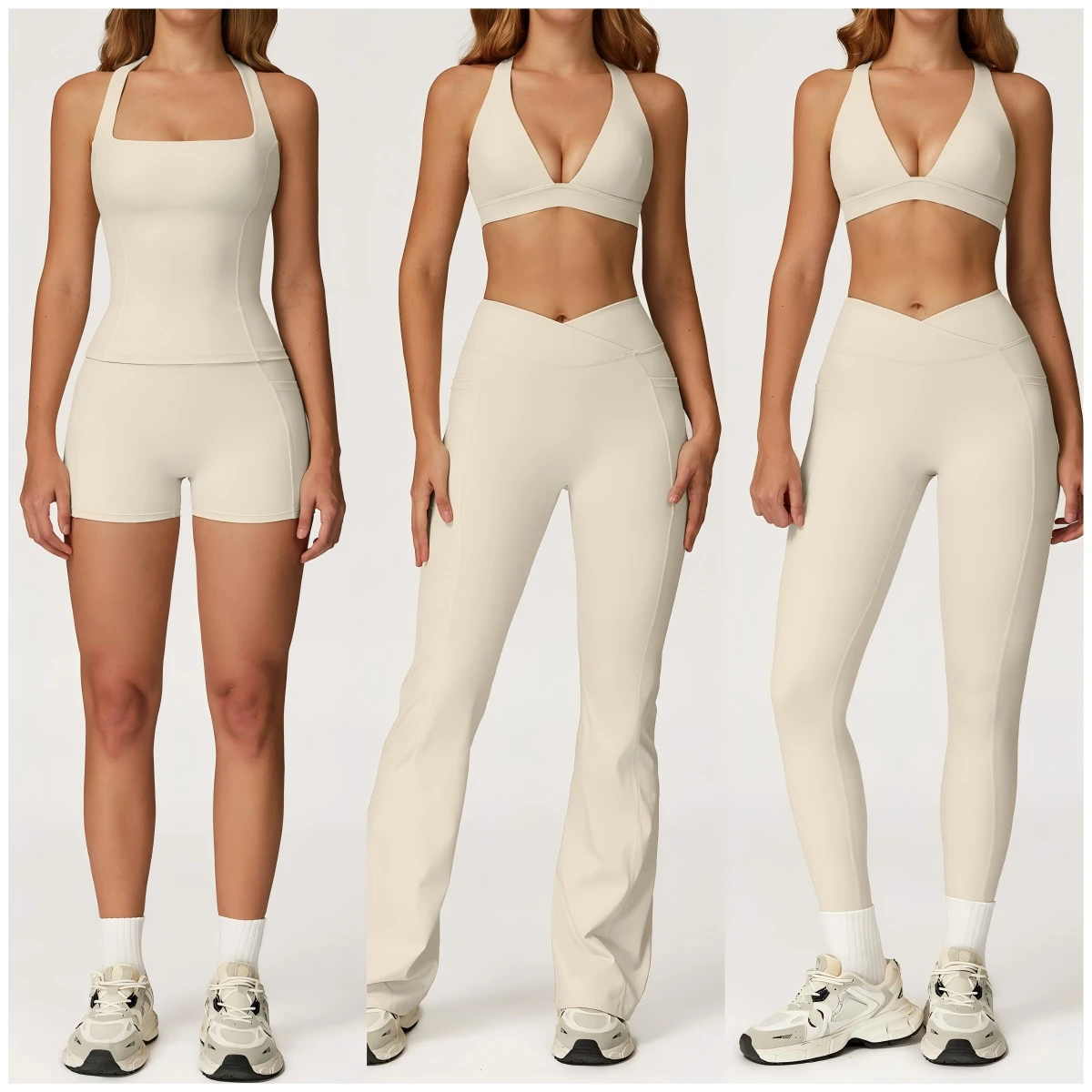 5 Pcs Hot Bra Vest V Waist Shorts Legging Flare Pant Gym Workout Running Pilate Outdoor Sports Activeware Fitness Women Yoga Set