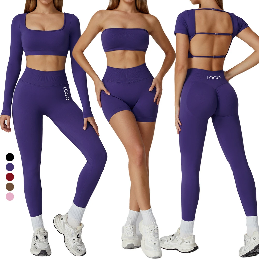 Yoga 5 Pcs Seamless Sets Quick Dry Tight Running Shock-proof High Waist Sports Set for Women Outdoor Fitness Gym Wear