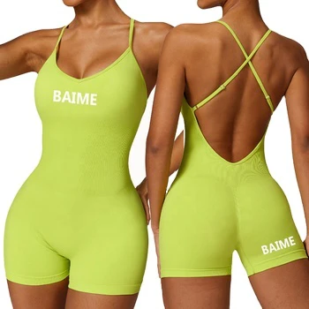 Gym High Stretchy Adjustable Cross Strap Tummy Control One Piece Women Yoga Fitness Wear Scrunch Butt Shorts Workout Jumpsuits