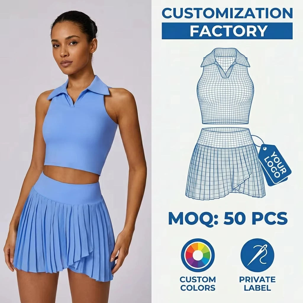 Custom Label Light Blue Sleeveless Polo Crop Top And High Waist Pleated Tennis Skirt Set 2 Piece Yoga Workout Gym Wear For Women