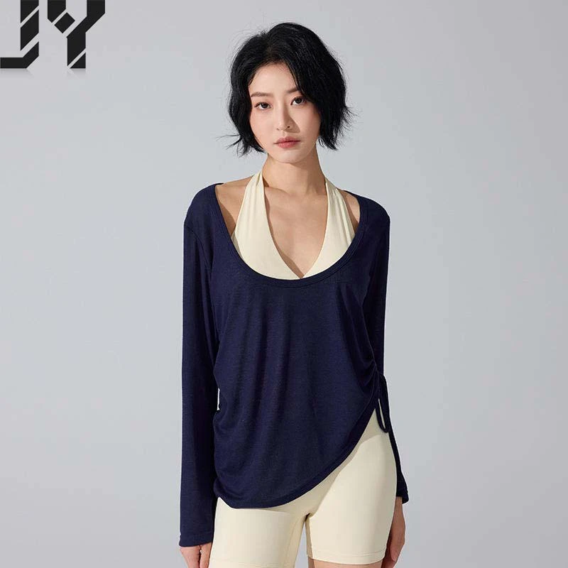 Cross-border Long-Sleeve Cover-Up T-Shirt with Hip-Covering Pleats and Drawstring Loose-Fit Casual Pilates Fitness Yoga Top