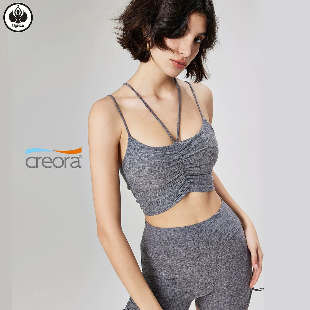QUMOR Women's Crew Neck Backless Spaghetti Strap Yoga Sports Bra-Light Support Quick Dry Eco-Friendly Gym Fitness Wear