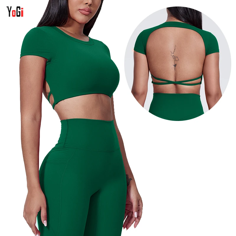 Women's Custom High Elastic Lavender Gym Workout Crop Top Short Sleeve Yoga Sportswear Hollow Back Front Breathable Fitness