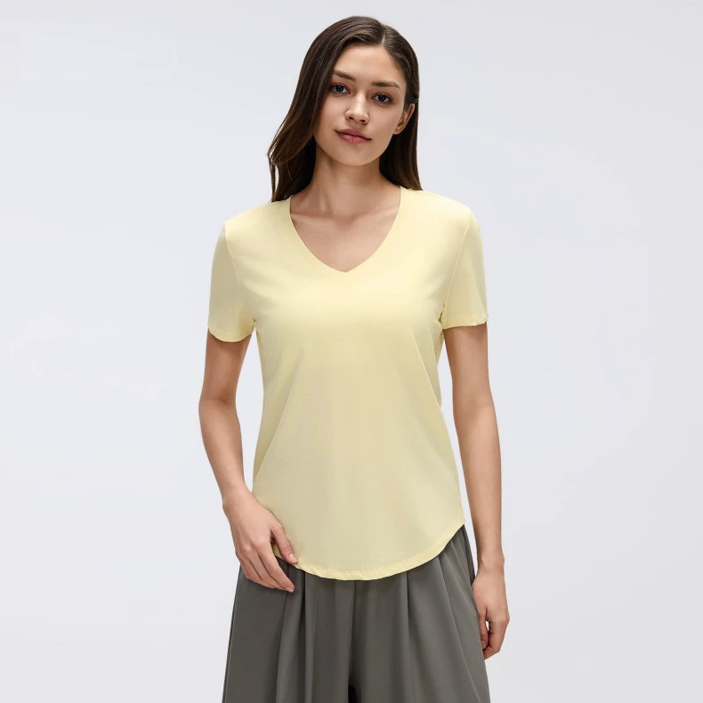 Women Summer V-neck Short Sleeve Loose Shirt Cotton Spandex Yoga Running Sport Tshirt Breathable Quick Dry Solid Shirt