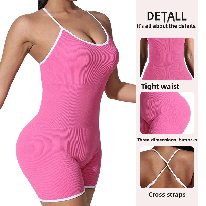 Back-Cross Yoga One-Piece Wrinkle-Resistant Solid Shorts Womens Fitness Seamless Spaghetti Strap Sports Polyester/Nylon