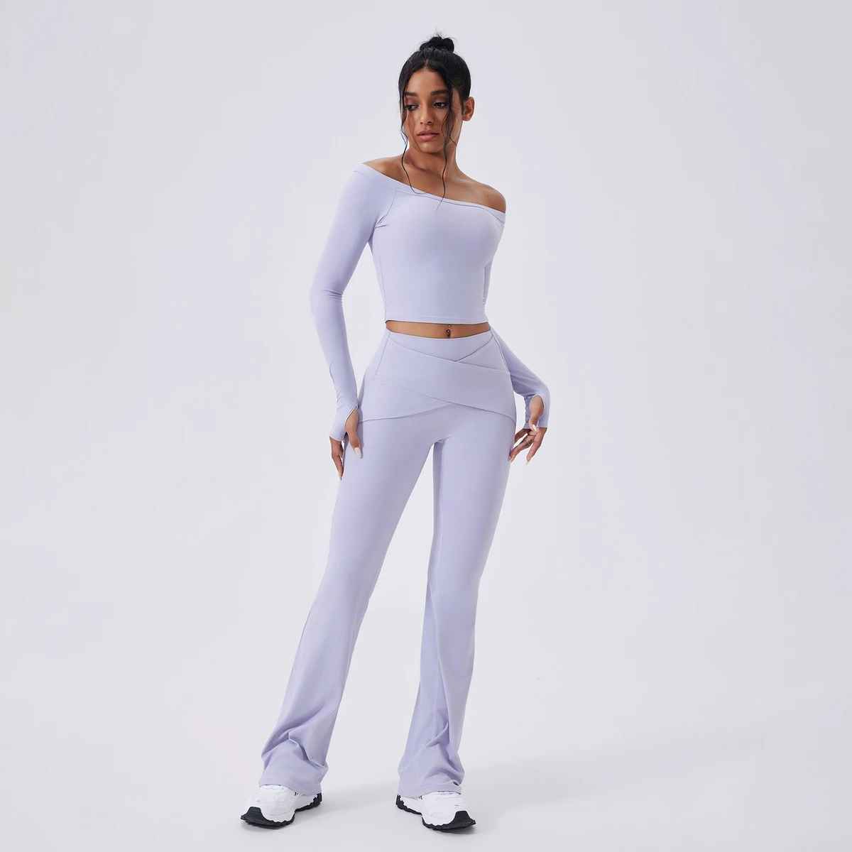 Off-the-shoulder Long Sleeves High-waisted Flared Pants Yoga Wear Sets Nude Quick-drying Running Sports Fitness Wear Set