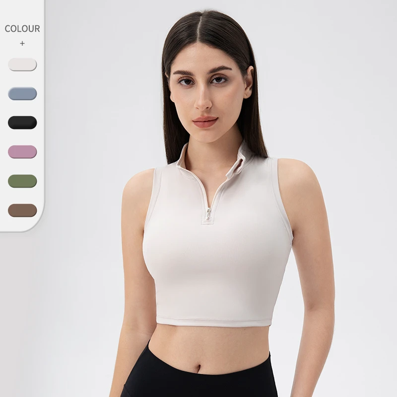 Wholesale Women's Sleeveless Stand-Up Collar Slim-Fitting Yoga Tank Top with Front Zipper and Bra for Running and Fitness
