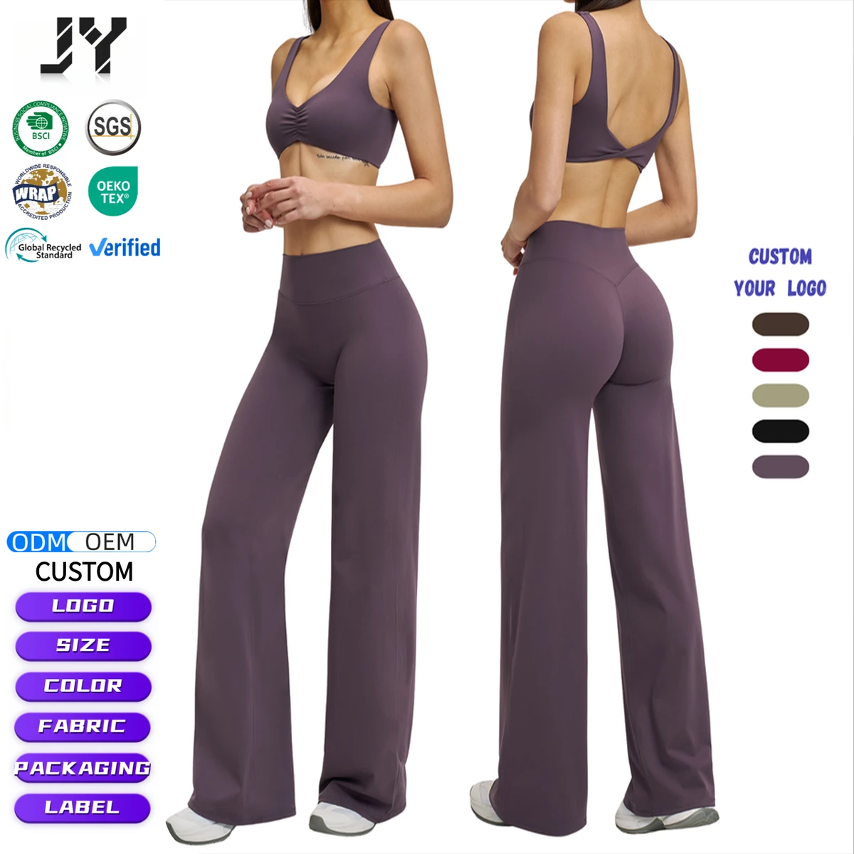JY Women Yoga Set Sanded Fabric Wrinkle Front Sports Bra Elastic High Waist Wide Pants Outdoor Casual Workout Women Clothes