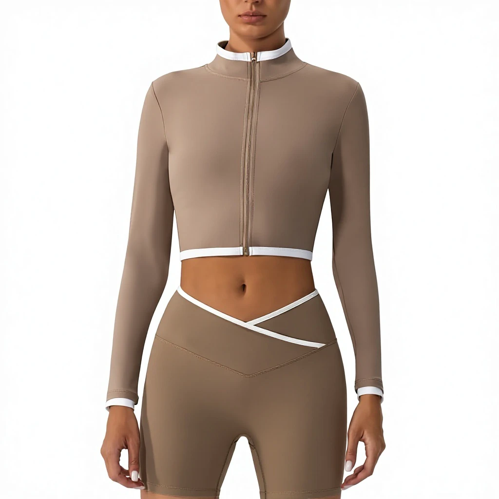 Body Shaping Color Contrast Stand Collar Zipper Jacket Women Autumn Winter Yoga Fitness Long Sleeve Top