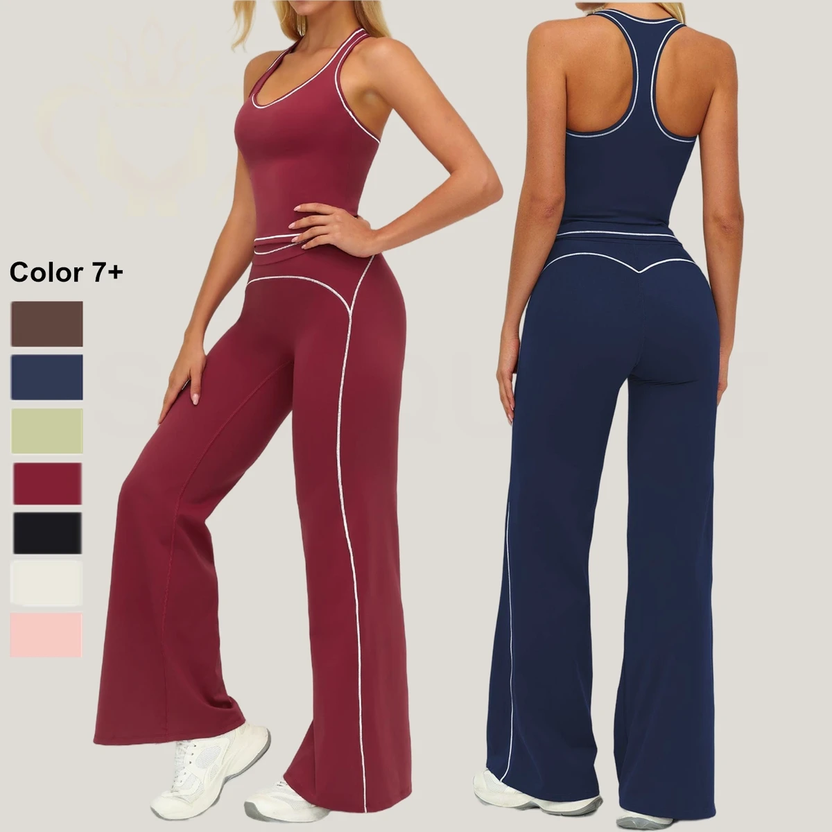 Workout Sets for Women 2 Piece Color Block Sports Tank Top High Waist Wide Leg Flared Pants Gym Yoga Pilates Outfits