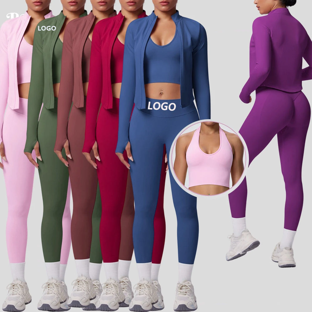Custom Logo Yoga Set workout clothes 3 Piece Breathable Sports Bra Jacket and Leggings Fitness Gym Training Suit for Women