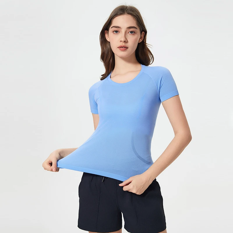 Womens Short Sleeve Workout Top Nylon Cool Fabric Four Way Stretch Moisture Wicking Breathable Quick Dry Seamless Mesh Jacquard