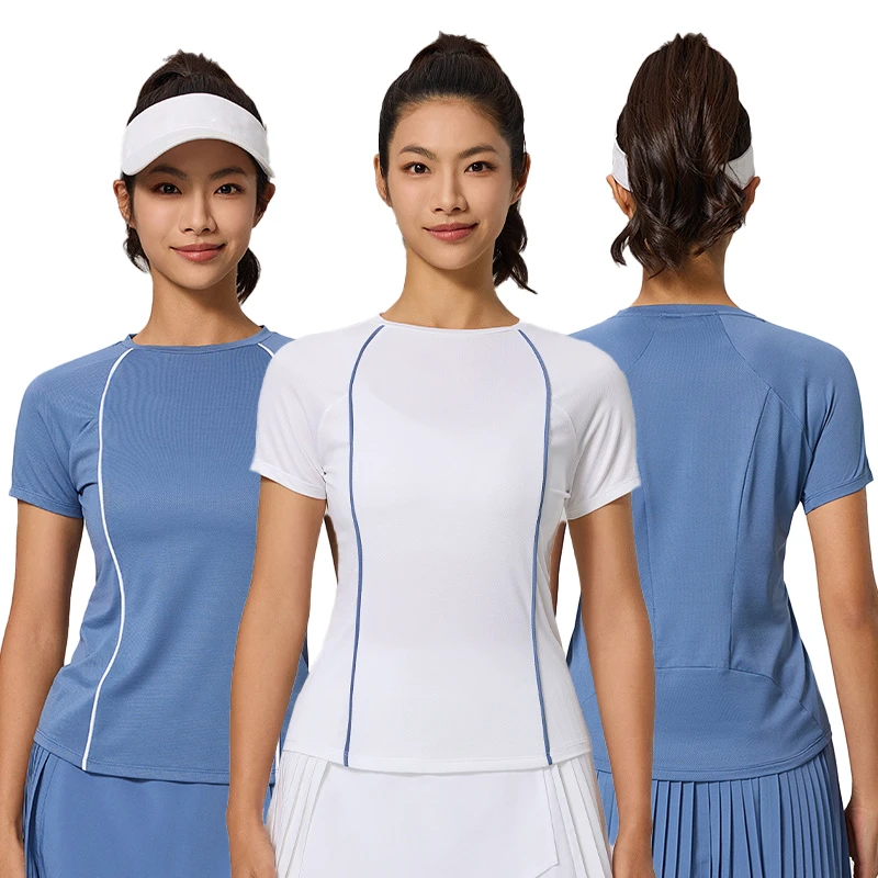 Summer Round Neck Sports Style Slimming Yoga Top Women Breathable Sports Short Sleeve T-shirt Polyester Contrast-Striped