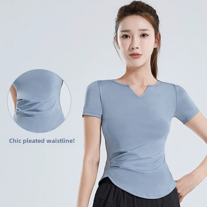 Women's Pleated Short-Sleeved Sports Top Quick-Drying V-Neck Fitness T-Shirt for Summer Running Yoga Solid Nude XL Size Knitted