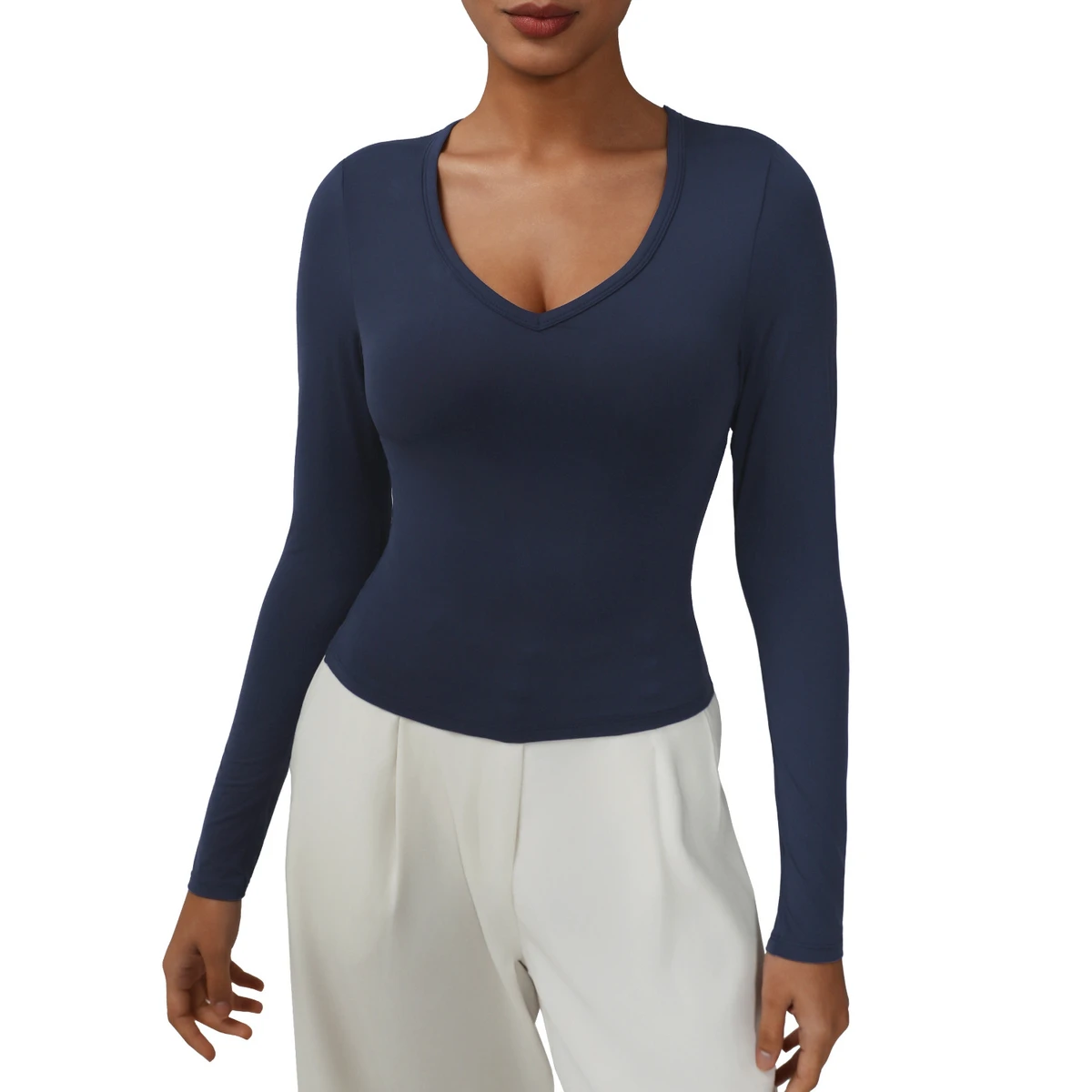Tight Long-sleeved Yoga Sports Top V-neck Sexy Back Women's Quick-drying Spandex/Nylon Solid Pattern