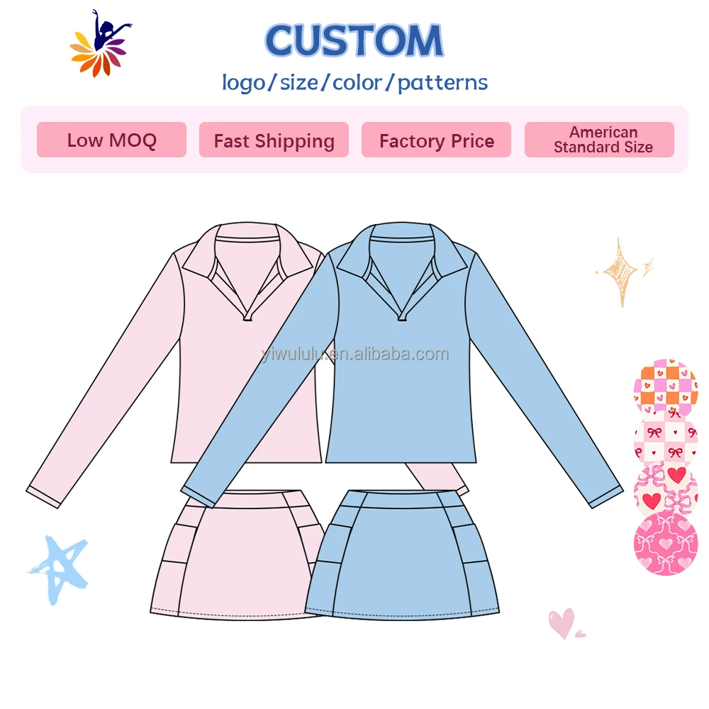 Girls V-Neck Yoga Set Long Sleeve Top & Skort with Built-in Shorts | Stretchy Soft Kids Sportswear for Dance & Training