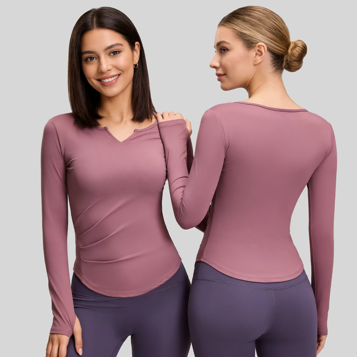 Spring New Women's Solid Color V-Neck Pullover Long Sleeve Yoga Top Moisture Wicking Synthetic Blended Fabric for