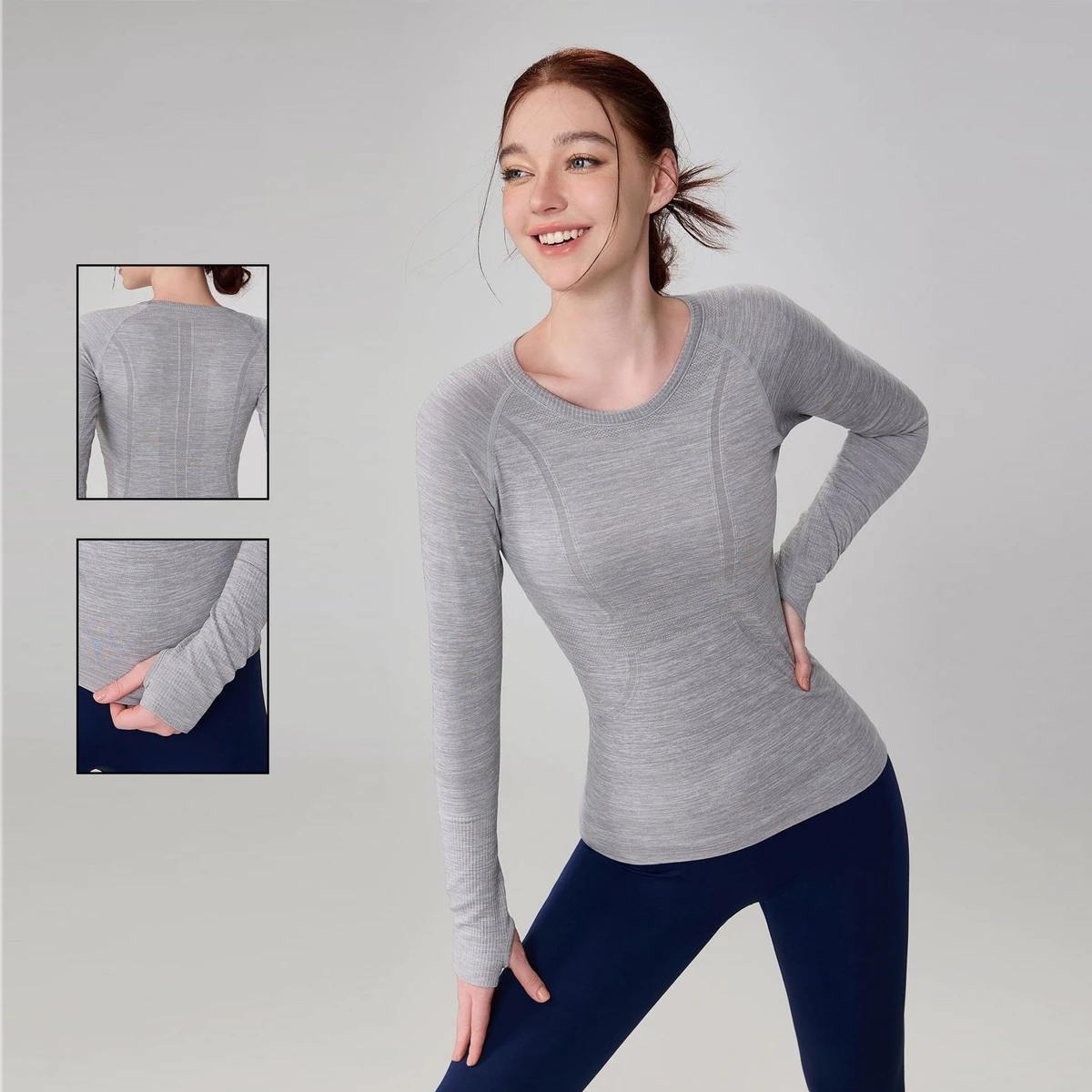 Top Selling High Stretch Seamless Yoga Top for Women Round-Neck Slim Long Sleeve Thumb Hole Yoga Top for Gym Fitness Athletic