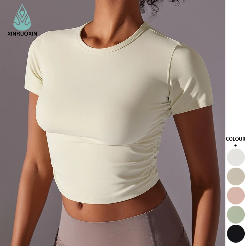 Custom logo Round Neck Tight Sports Breathable High Elastic Short Sleeve T-shirt Running Fitness Yoga Wear Top for Woman