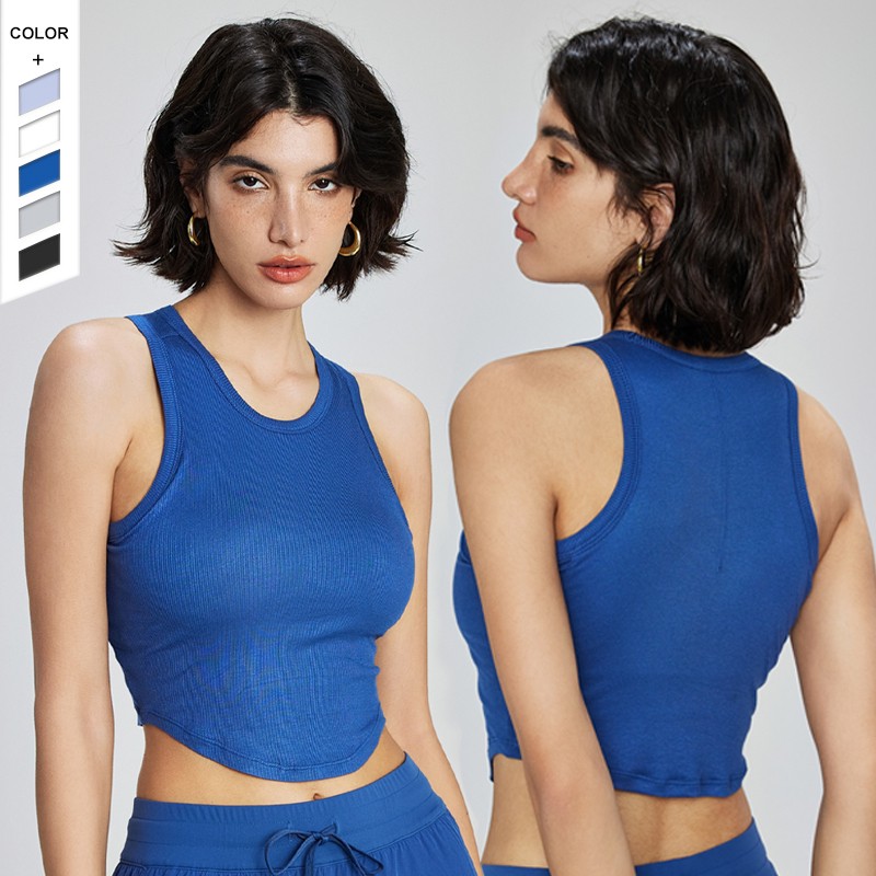 Wholesale Modal Ribbed Nude Yoga Vest Women's Summer Short Fitness Bra Round Neck Semi-fixed Sports Bra Summer Style