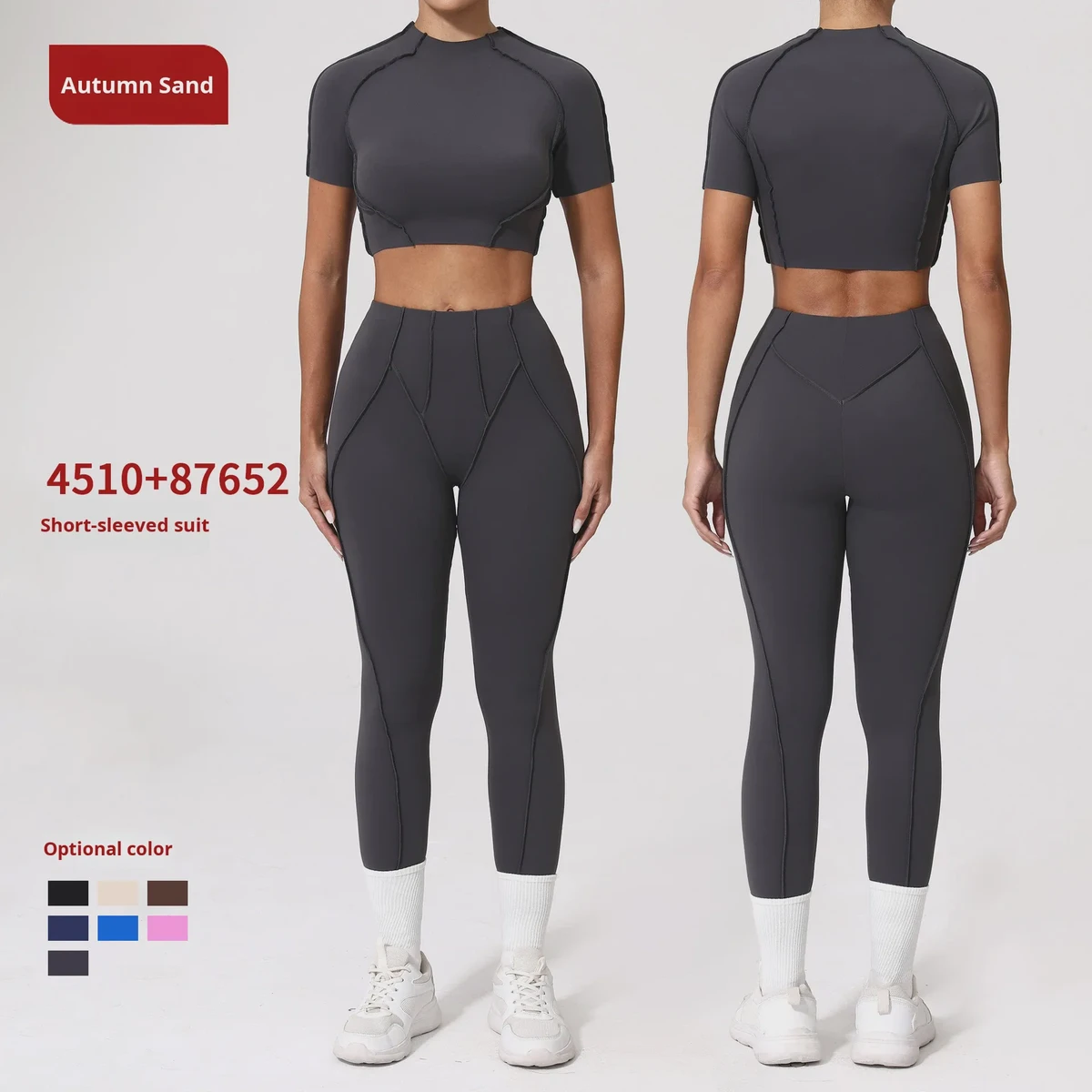 3D Stitching Solid Elastic Waist for Yoga Set Quick-Drying Racerback Crew Neck 2-Piece Sports Fitness Clothing 4510+87652