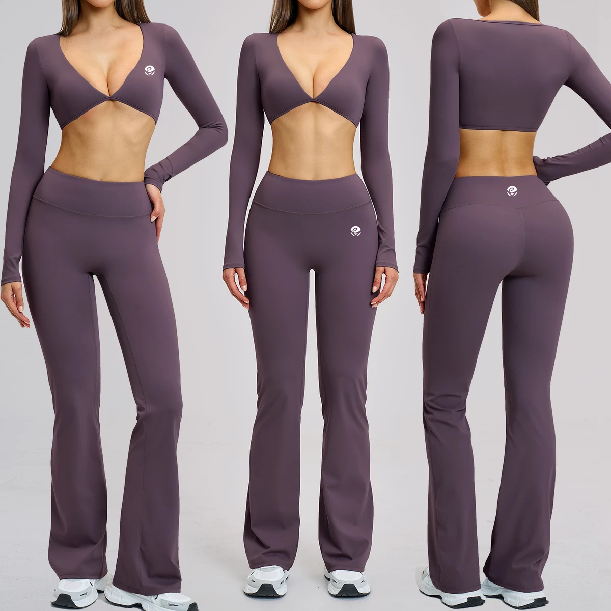 Gym Activewear Breathable Sportswear Long Sleeve Top Yoga Flare Pants Fitness 2 Pcs Spandex/Nylon Women Yoga Sets Ropa Deportiva