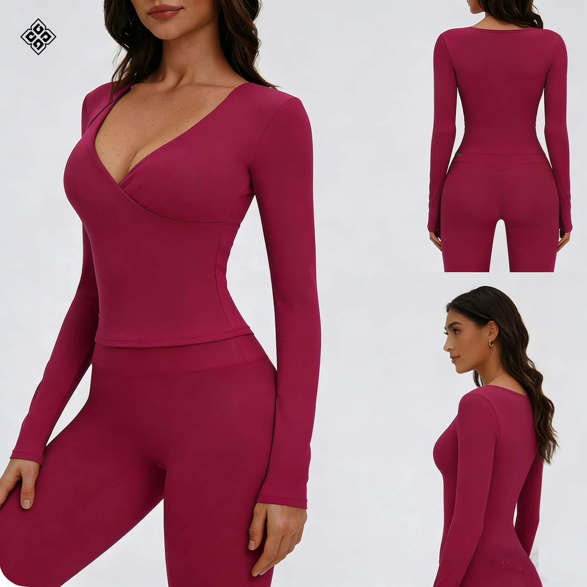 A Long-sleeved V-neck Yoga Pilates Training Suit Worn Over a Running Fitness T-shirt for Women
