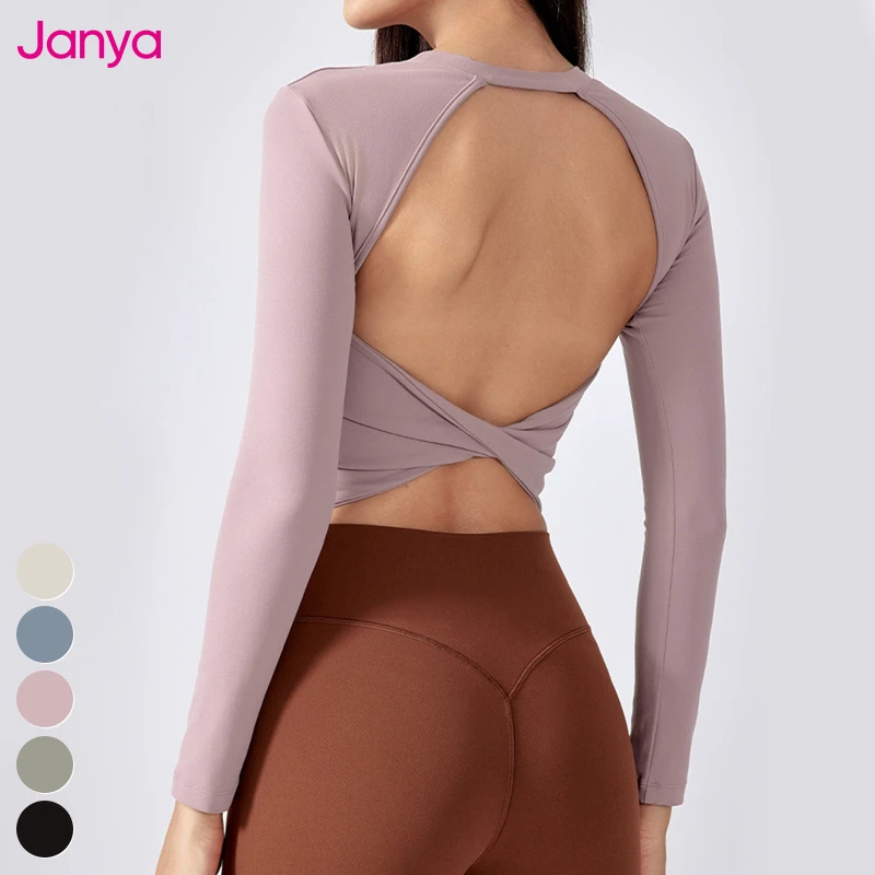 Janya Breathable Long Sleeve Yoga Top Sexy Hollow Workout Fitness Gym Shirt Solid Print Spandex Girls Running Sports Tops Fixed