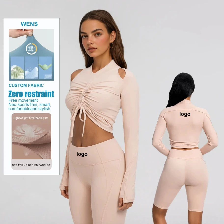 Pilates Yoga Wear Long Sleeves Drawstring Front Pleated Crop Top & Shorts Workout Gym Fitness Sets for Women