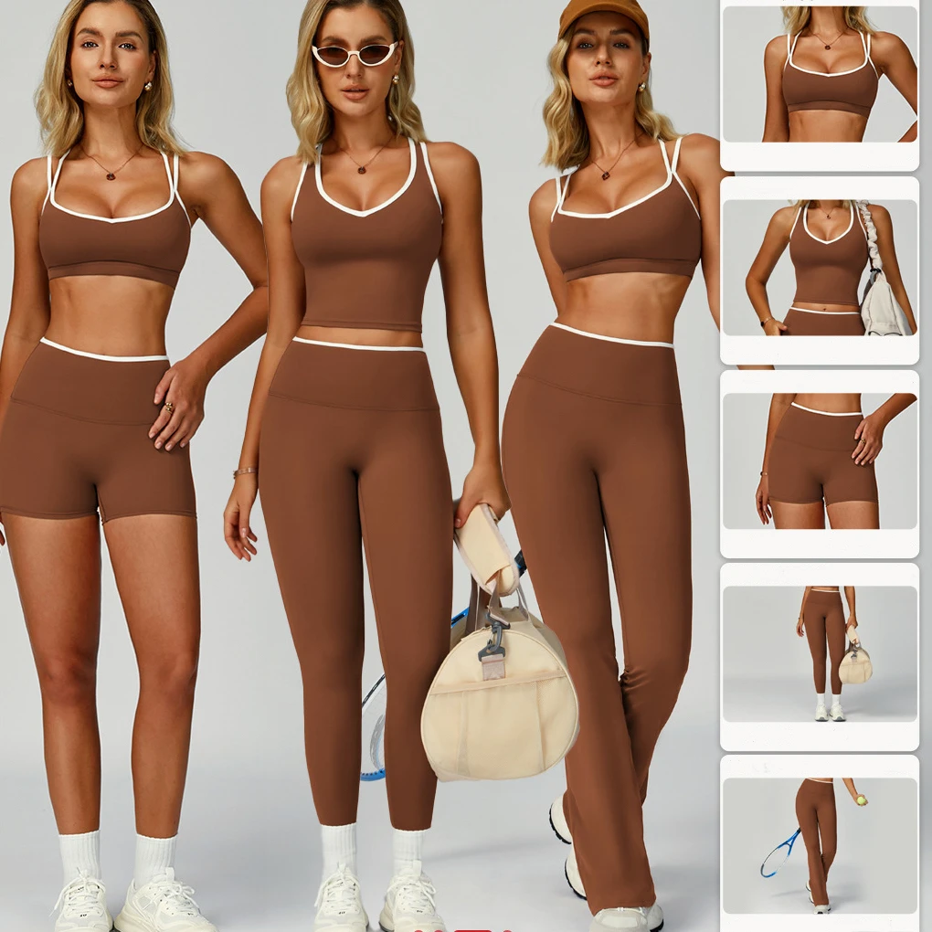Ropa Deportiva Mujer Contrasted Binding Tank Vest And Shorts Leggings Flared Pants Two Pieces Set Women's Yoga Gym Athletic Wear