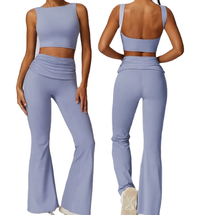 Women's Breathable Lightweight 2-Piece Workout Sets Yoga Leggings Flared Pants High-Waisted Sports Crop Top Gym Clothes Front