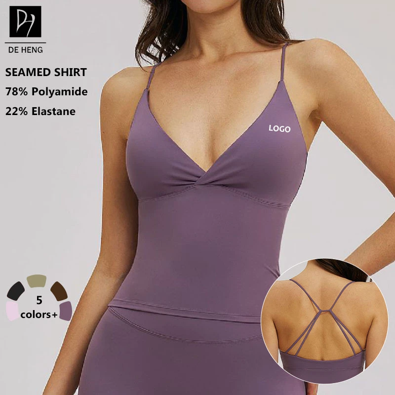 Deep V Neck Solid Pattern Crop Active Fitness Crisscross Back Sportswear Seamed Breathable Bra Top