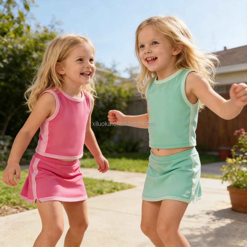Girls Solid Color Yoga Set Sleeveless Top Skirt Built-in Shorts Outdoor Small Batch Custom