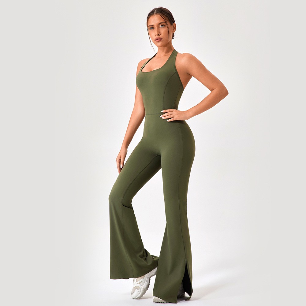 Euro-American Style Breathable Seamless Yoga Bodysuit Flared Full-Length Pants Women Barely There Feel Tight-Fitting Sports