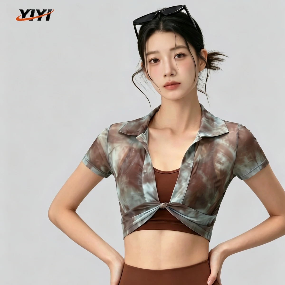 Printed Mesh Breathable Yoga Short-sleeved Women's Summer Fashion Knotted Waist-exposed Short Sports T-shirt Outer Wear Fitness