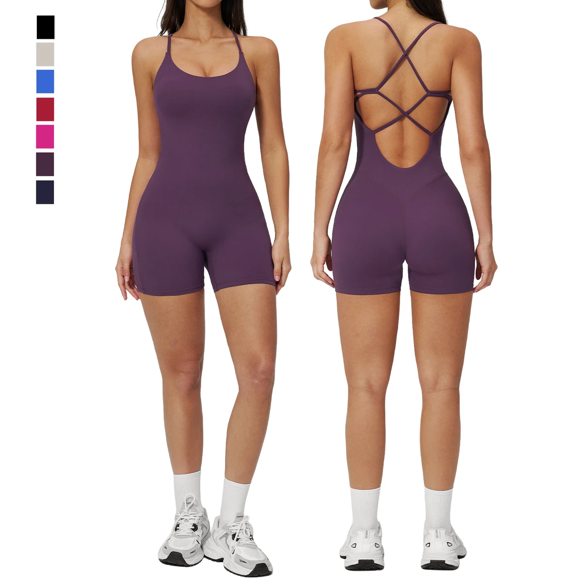 Women Yoga Bodysuit Deep U Neck Workout Jumpsuit Crisscross Straps Cross Back One Piece Gym Suit Slim Fit Sweat-Wicking Four-Way