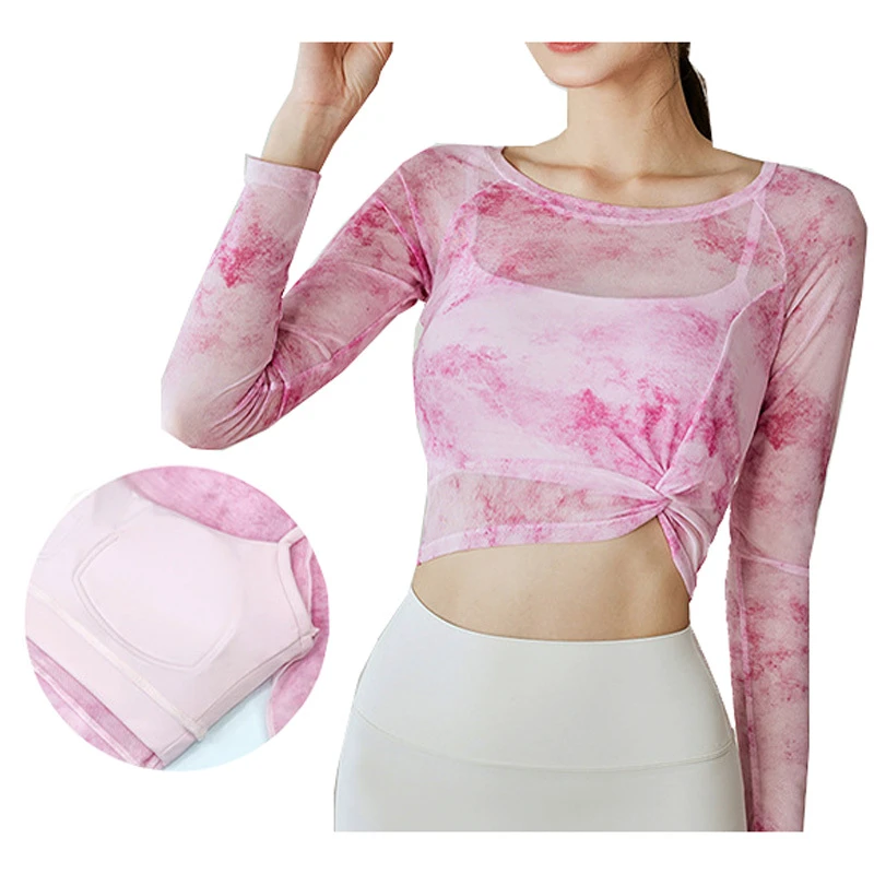 Wholesale Custom OEM Yoga Wear Women's Summer Pilates Sports Outdoor with Chest Pad Long Sleeve Dyed Mesh Tennis Yoga Top