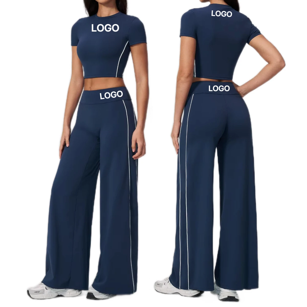 Wholesale Women Summer Yoga Set 2-Piece Short Sleeve Top Wide Leg Pants Running Fitness Quick Dry Sports Casual Activewear